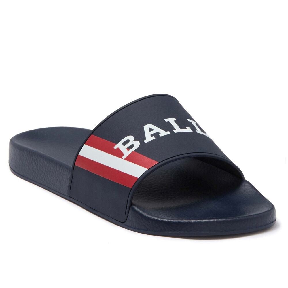 NIB BALLY SIMON BLUE INK RUBBER RED WHITE WEB LOGO SANDAL POOL SLIDES 12 D ITALY